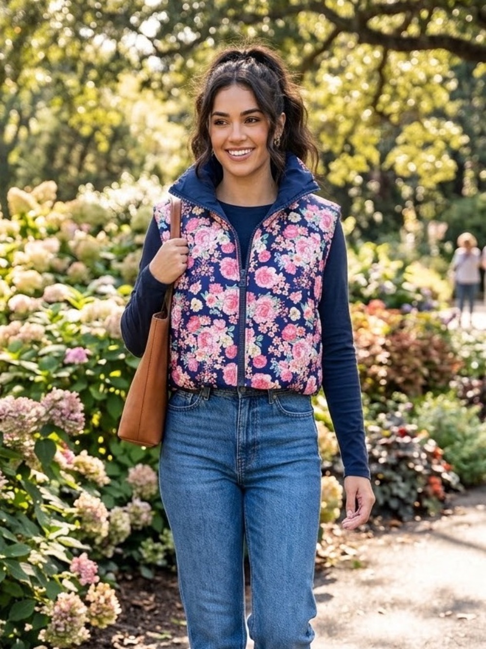 NWT Simply Southern Navy Quilted Floral Puffer Vest Pink Flowers